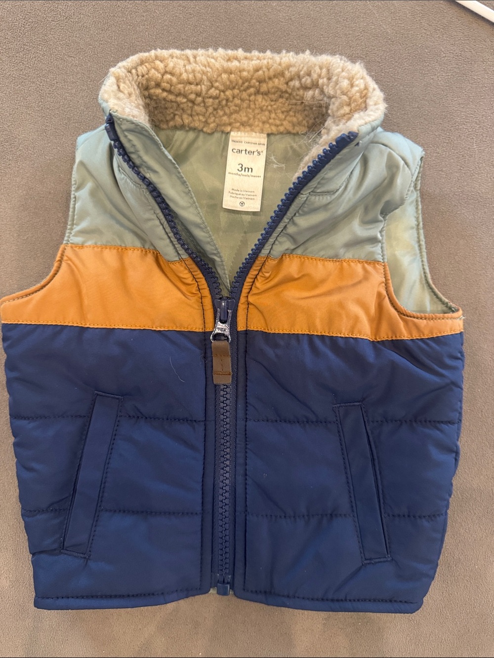 Carter's Navy, Mustard & Light Green Colorblock Hooded Puffer Vest